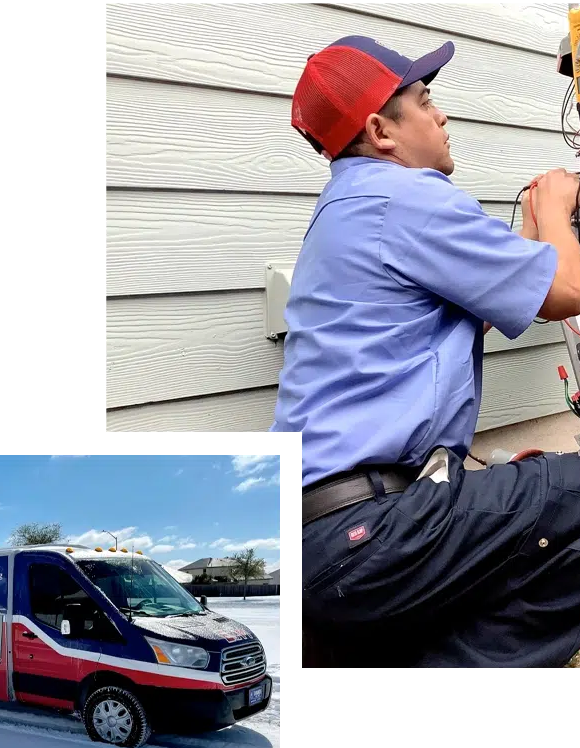 An E+M Emergency Air Conditioning technician on a service call in Buda, Texas